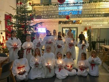 Onsdag den 13. december gik børnekoret Lucia på æblehaven se billeder nedenfor